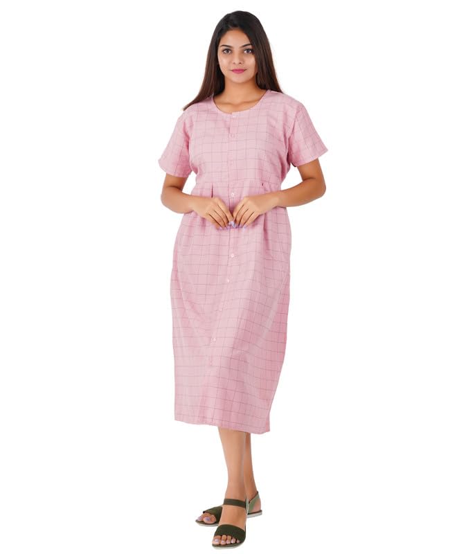Image of Women's [L- 4XL] Full Open /Front Buttoned [a kind of Adaptive Clothing]Multipurpose Nighty for Maternity /Pregnancy /Elderly /Patient /Feeding /Hospital Purpose Nighty(Pink Checks - 2XL / Calf Length