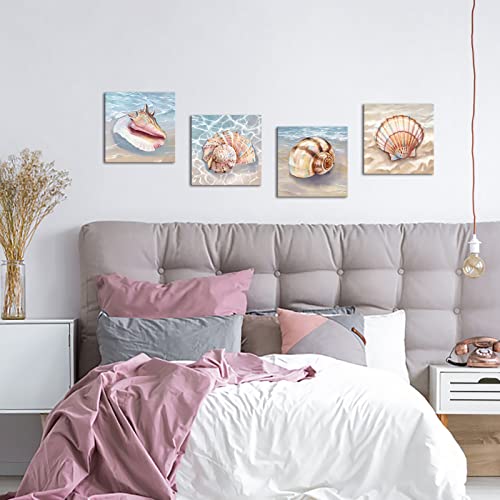 Lovehouse Beach Coastal Paintings Wall Art Decor Seashell Nature Canvas Picture Blue Ocean Nautical Decorations Posters Prints Artwork For Bathroom Bedroom 12"X12"X4 Pcs #TOP1