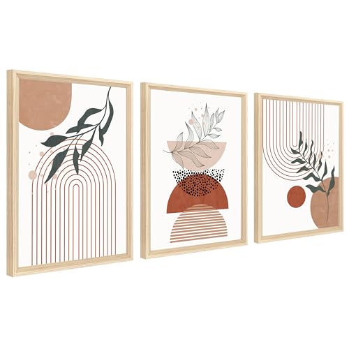 3Pcs Cadre en bois Impression sur Toile Géométrique Boho Tableau sur Toile Peinture Noir Beige Terracotta Minimalist Tableau Decoration Murale Salon Chambre...