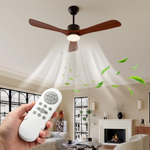 Garvee 52 Inch Ceiling Fans with Lights and Remote Control - Solid Wood Blades Ceiling Fan with Dimmable 24W LED Light, 3 Color Temperatures, Quiet Reversible DC Motor, 6 Speeds for Room Pat