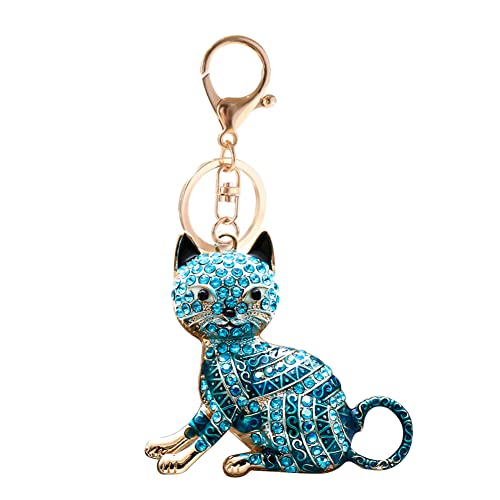 URFEDA Porte-clés chat brillant strass chaton porte-clés en métal porte-clés mode pendentif bling cristal chat pendentif pour clé sac à main sac à dos pour femme fille, bleu, taille unique Cover