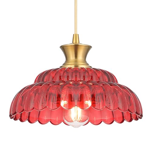 Mgcanyu Red Glass Pendant Light, 11.8" Vintage Pendant Lighting Brushed Gold Glass Light Fixtures Red Chandelier Modern Hanging Ceiling for Dining Room Kitchen Island Sink Bedroom Foyer Entryway by Mgcanyu - Used condition - US$58.00
