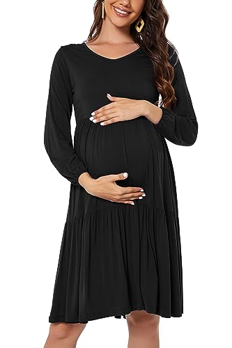 Smallshow Women'S Maternity Dress Ruffle Long Sleeve Pregnancy Clothes Medium,Black thumb #1