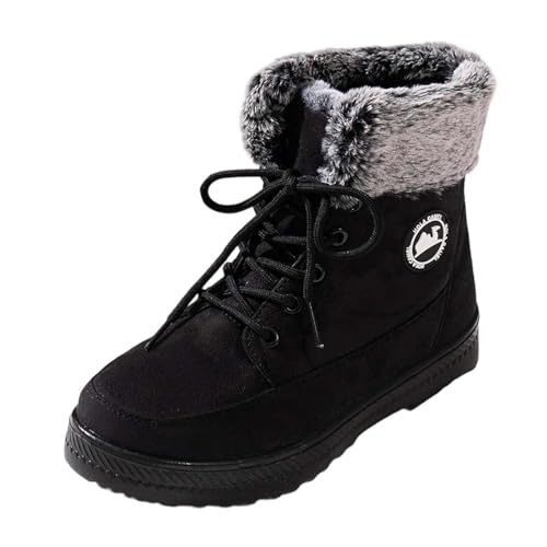 Generisch Botas de nieve de invierno para mujer, cálidas, mullidas, con cordones, punta redonda, planas hasta la pantorrilla, cómodas zapatillas para caminar al aire libre, Negro , 38 EU