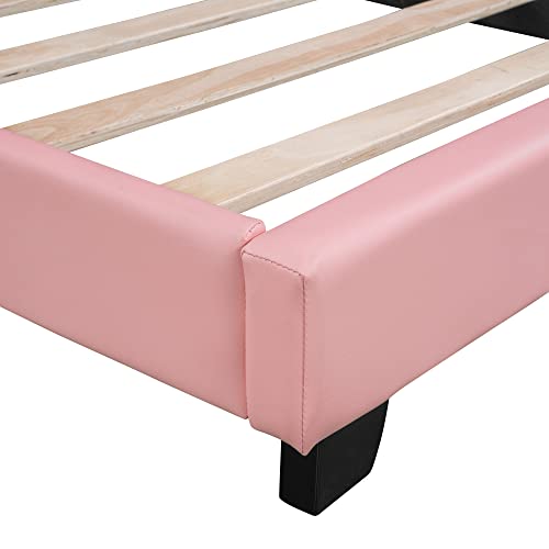 Twin Upholstered Platform Bed With Rabbit Ears Shaped Headboard, Wooden Cute Full Platform Bed Frame For Girls Boys Adults, Pu Leather Bed, No Box Spring Needed (Pink, Twin) #TOP6
