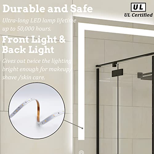 Bulife 28 X 20 Inch Led Bathroom Vanity Mirror, 3 Colors Light Dimmable, Wall Mounted Memory Lighted Makeup Mirror With Anti-Fog Touch Switch (Front-Lit&Backlit) #TOP4