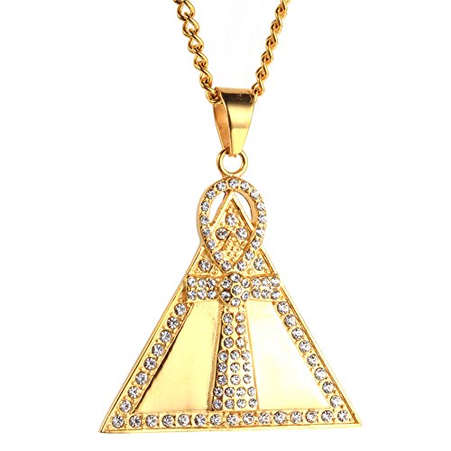 Collier hip hop homme avec pendentif triangle Croix Ankh en acier inoxydable et strass CZ