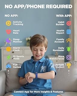 BIGGERFIVE Vigor 3 Kids Fitness Tracker Watch, AMOLED Screen, No App or Phone Needed, 3ATM Waterproof, Heart Rate & Sleep Monitor, Pedometer & Step Counter Smart Watch for Boys Girls Ages 5-15 (Blue)