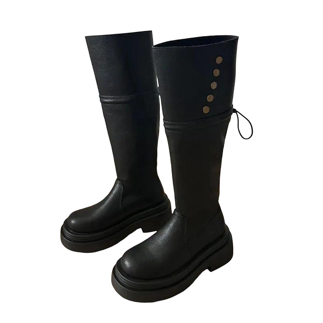 Womens Knee High Boots Pleated Belt Buckle Chunky Heel Casual Long Boots Black