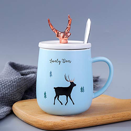 Doinbtoy Tasse créative en céramique de Bois de cerf plaqué Or, Tasse à café au Lait Nordique ins avec cuillère à Couvercle 450 ML Cover