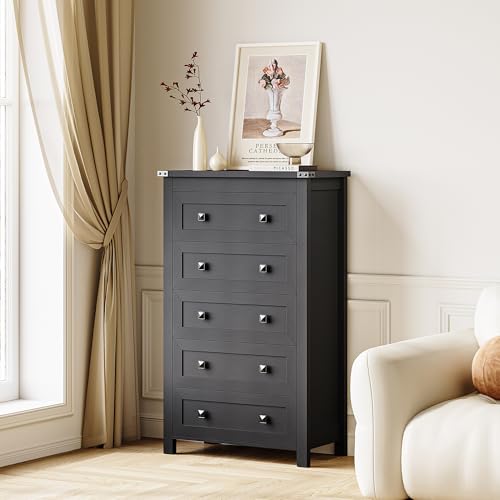 Image of Wodeer Black Dresser Tall 5 Drawer Dresser for Bedroom, Wooden Dressers & Chests of Drawers with Metal Handles, Modern Storage Cabinet and Organizer Drawers for Bedroom, Hallway, Entryway