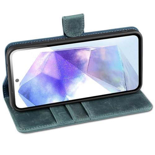 LENSUN Skórzane etui do Samsung Galaxy A55, etui z prawdziwej skóry, magnetyczne zapięcie, prawdziwa skóra, etui z klapką, do Samsung Galaxy A55 5G, niebieski retro