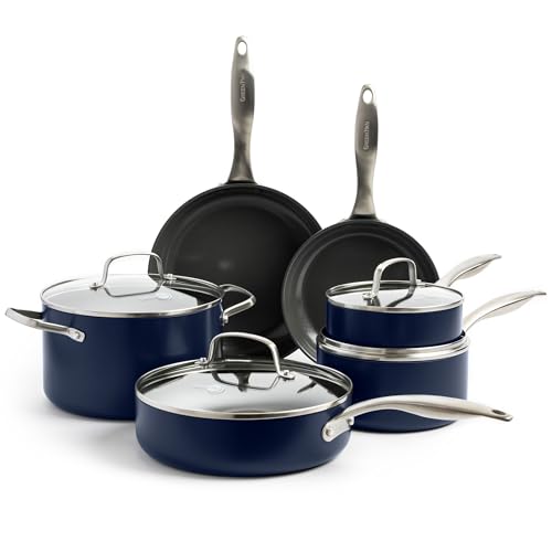 Image of GreenPan Canterbury 10 Piece Cookware Pot and Pans Set, Hard Anodized PFAS-Free Healthy Ceramic Nonstick, Stainless Steel Handles, Versatile Cooking Essentials, Dishwasher & Oven Safe, Oxford Blue