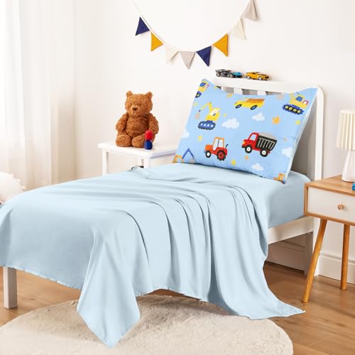 Image of Wake In Cloud - Toddler Bedding Set for Boys, Construction Car Excavator Truck, 4 Pieces Soft Crib Bed Set Including Comforter, Sheets and Pillowcase, Light Blue