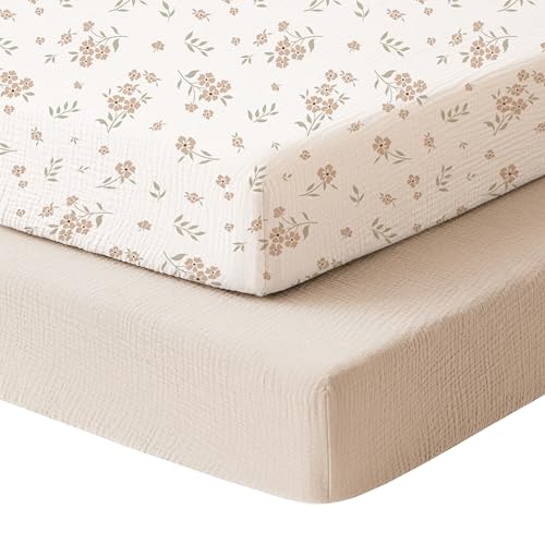 Image of Konssy Muslin Mini Crib Sheets, 100% Soft Cotton Pack and Play Sheets for Pack N Play Mattress, Playard Baby Crib Sheets for Baby Girls(Blossom, Cream)