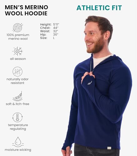 Image of Merino.tech 100% Merino Wool Hoodie Men - Slim Fit Merino Wool Base Layer Mens Half Zip Thermal Long Sleeve Shirt and Socks
