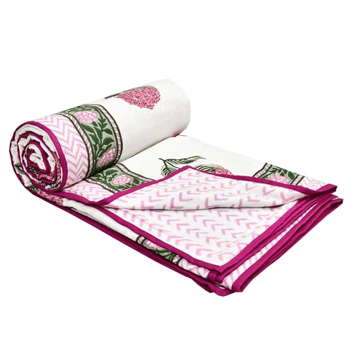Image of BLOCKS OF INDIA 100% Cotton Dohar King Size Reversible Hand Block Printed Malmal Summer Dohar /Blanket (Pink Green Rose)