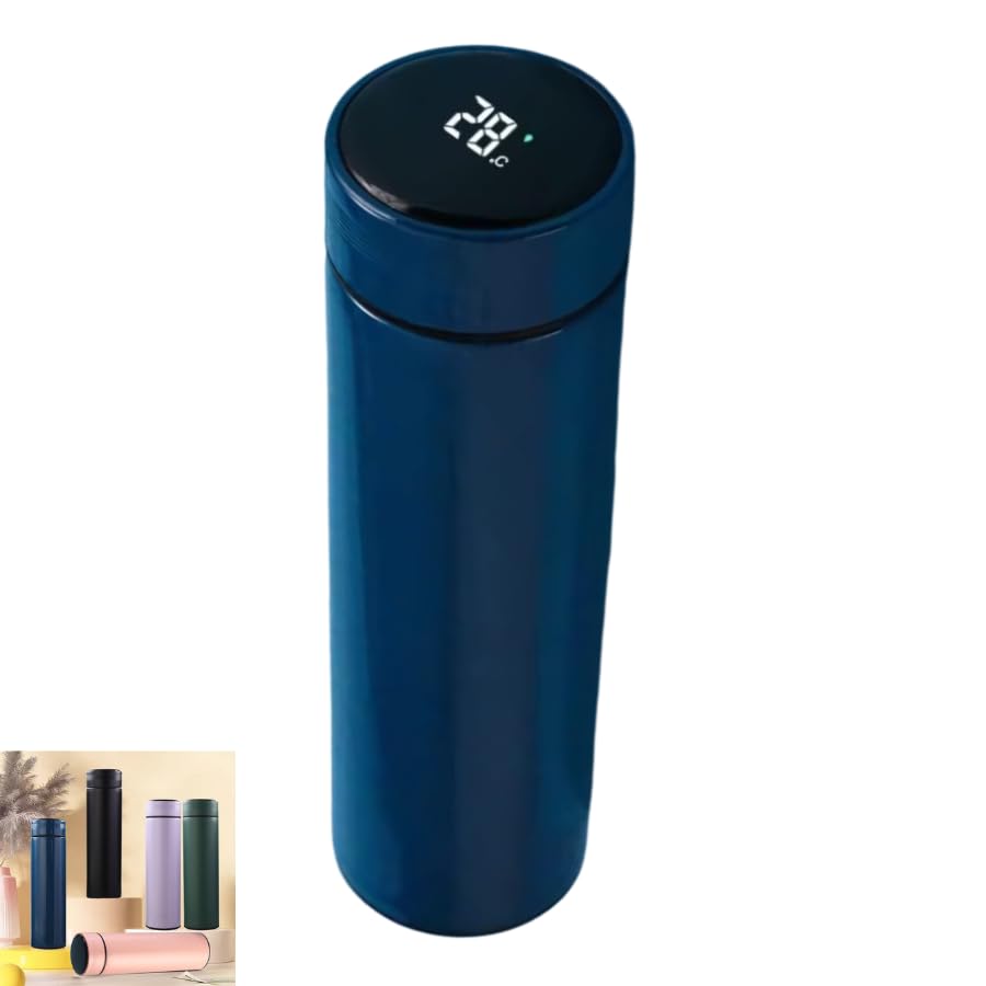 Insulated Stainless Steel Travel Mug 500ml with LED Temperature Display Lid, Vacuum Thermal Bottle, Keeps Cold 24h Hot 12h, Leakproof Portable Water Bottle for Coffee Gym Office Travel - Blue