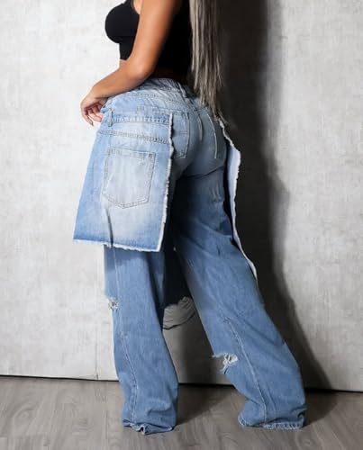 Voghtic Jeans for Women Trendy High Waisted Ripped Tear Y2K Patchwork Wide Leg Denim Pants with Pockets Streetwear2