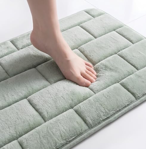 Image of Memory Foam Bath Mat for Bathroom & Kitchen | Anti-Skid Soft Floor Mat for Bedroom | Super Absorbent Quick Dry Microfiber Rug | Machine Washable Indoor Floor Mat | Sage Green | 40x60 cm
