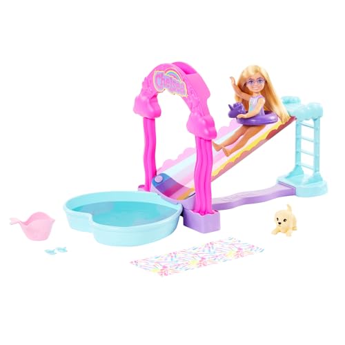 Barbie Coffret Toboggan Aquatique Arc-en-Ciel avec Poupée Chelsea Et Son Chiot, Hauteur 20 Cm,...