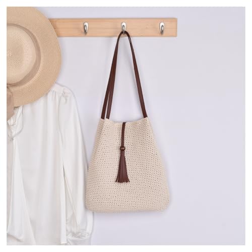 Sac tissé à la main bandoulière pompons perlés blanc bohème
