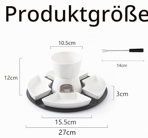 Keramik Schokofondue Set, 300ML Schokoladenfondue mit 4 Keramiktellern und 4 Gabeln, für Käse Fondue Familienessen Nachtisch Picknicks, Weiß – Bild 2