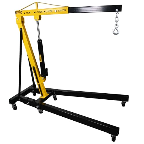 1 Ton Hydraulic Folding Engine Crane RocwooD Hoist Lift Stand 1000kg Garage Floor Stand Lift Jack for Garage Car Lifting Tools Caster Wheels Black/Yellow
