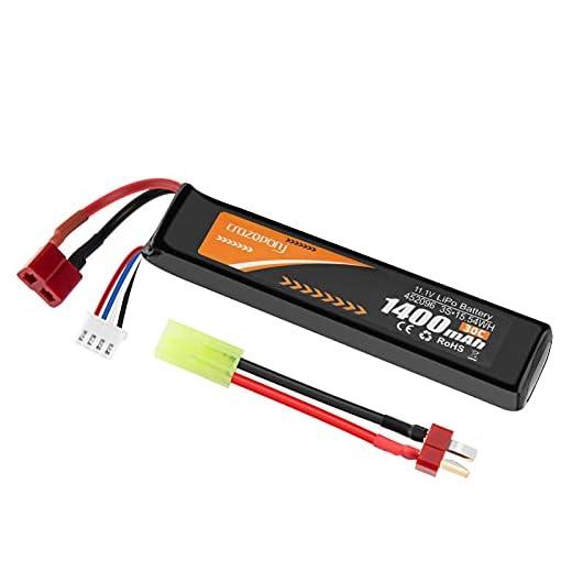 Crazepony Airsoft Battery 11.1V Rechargeable LiPo 1400mAh 30C Hobby Battery with T Plug to Mini Tamiya Cable for Airsoft Model