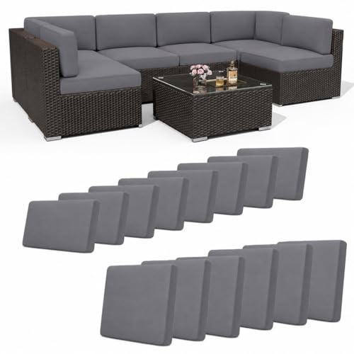 Hiseng Outdoor Patio Cushion Covers 14 PCS Solid Color Stretch Replacement Slipcovers for 8 Backrests and 6 Seat Cushions, Patio Furniture Rattan Corner Sofa Seat Protectors (Dark Gray)