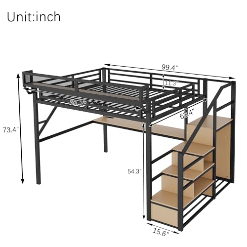 Aurnienofus Queen Size Gaming Loft Bed with Stairs and Desk, Metal Loft Bed Frame with Bedside Shelf and Light, Heavy-Duty Adults Lofts Beds with Storage Wardrobe & Charging Station, Black