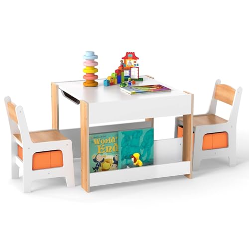 HONEY JOY 4-in-1 Kids Table and Chair Set, Wooden Activity Drawing Reading Desk w/Reversible Blackboard, Bookshelves, 2-in-1 Detachable Tabletop Table & Chair Set for Classroom, Nursery, Natural