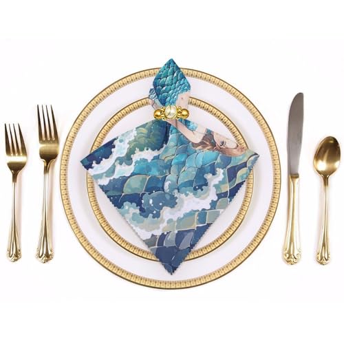 Servilletas finas de tela con diseño de escamas de sirena, elegancia impresa para tu mesa 4