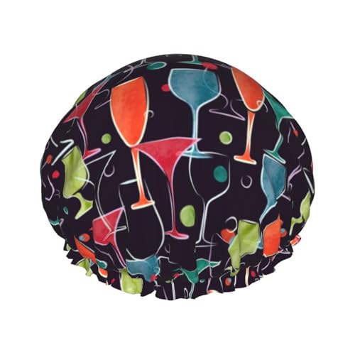Gorro de ducha de doble capa con estampado colorido de copa de vino, reutilizable, impermeable, gorro de ducha grande para mujer, gorro de ducha para ducha con forro de Peva y cuerda elástica