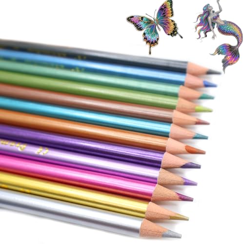 Hapickid 12 Metallic Colored Pencils Soft Core with Vibrant Glitter Color Pencil for Adults Artists Beginners Drawing Coloring Sketching Pre-sharpened