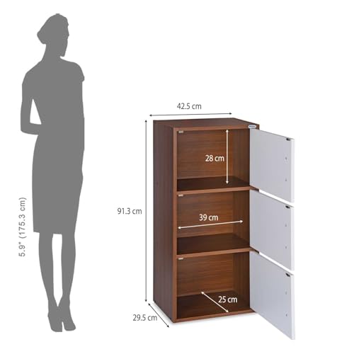 Image of Nilkamal Sear 3 Tier Wooden Storage Cabinet | Free Standing Book Shelf with 3 Doors & 3 Spacious Shelves | Engineered Wood | Organizer for Home & Office | Classic Walnut & White | DIY(Do It Yourself)