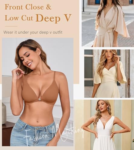 Image of DEANGELMON Front Closure Bras for Women Wireless Lightly Padded Bralett Seamless Low Cut V-Neck Lightweight T-Shirts Bra