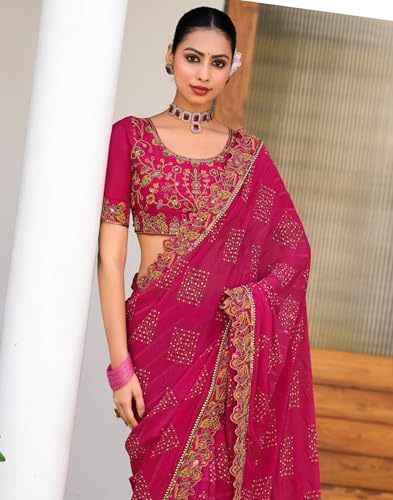 Image of SIRIL Women's Bandhani Printed Georgette Sequence Lace Scalloped Border Saree with Unstitched Blouse Piece