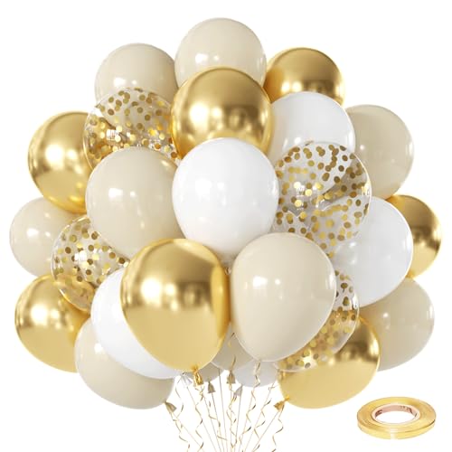 Image of White and Gold Confetti Balloons - 50pcs 12 Inch Metallic Champagne Gold Matte Sand Beige White Latex Balloons for Birthday Graduation Wedding Gender Reveal Party Decorations