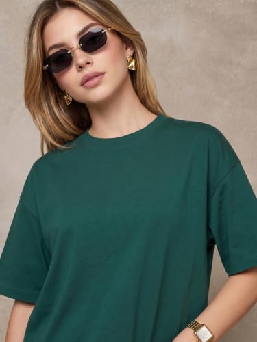Image of JUNEBERRY Pure Cotton Oversized Baggy Fit Half Sleeve Drop Shoulder Plain Solid Round Neck T-Shirt for Women (Available in Black, White, Lilac, Cork, Maroon, Royal Blue, Swan White, Soap Nut Colors)