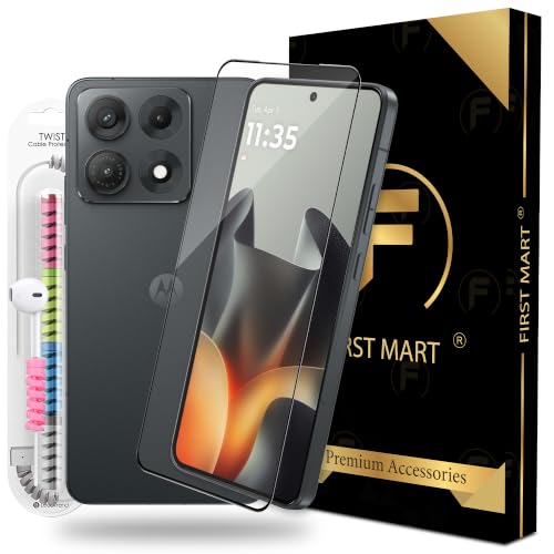 Image of FIRST MART Tempered Glass for Motorola Edge 70 Max, 9H 0.3 mm Full-Glue Screen Protector with Cable Protector, 3D Edge-to-Edge, HD Clear, Case-Friendly, Black, Pack of 1
