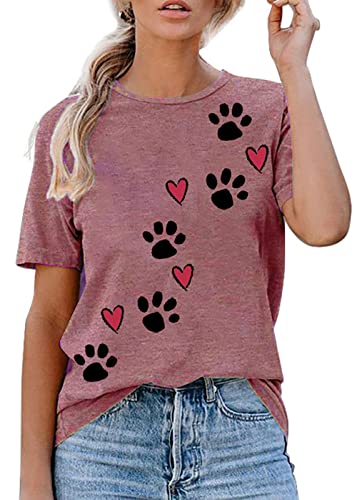 Atact Dog Mom Tshirts For Women Funny Dog Paw Graphic Print Short Sleeve O Neck Mom Shirt Pink Small #TOP8
