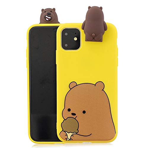 OYIME Soft Silicone Phone Case for iphone 11 Pro, Cute 3D Cartoon [Bear] Foldable Stand Flexible Slim Fit Gel Rubber Shockproof Non-Slip Protective Cover Bumper and Screen Protector