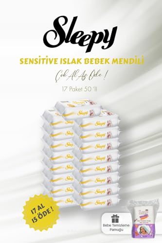 Sleepy Sensitive 17 AL 15 ÖDE 50'li Islak Bebek Mendili ve Bebe Temizleme Pamuğu