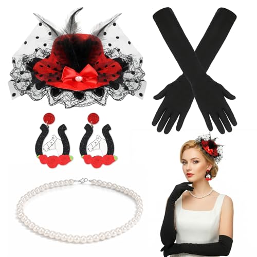 HOWAF Derby Hats Fascinator with Kentucky Earrings for Women, Derby Day Clip-On Fascinator for Tea Party Accessories, Horse Earrings Gloves Pearl Jewelry Necklace Set for Derby Day Outfits Accessories