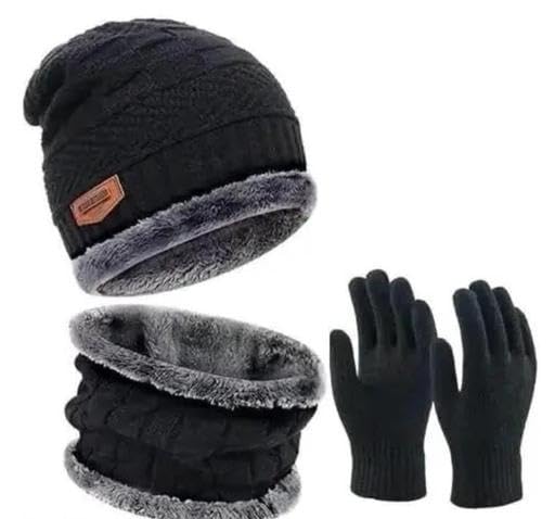 NEW Combo Offer for Winter Black Woolen Beanie Cap and Wool Neck Muffler Scarf with Cotton Gloves Set for Extra Protection from Cold for Men & Women (Free Size) AAD-P530-image-7