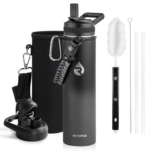 Image of RAYMYLO Insulated Water Bottle 24 oz, Triple Wall Vacuum Stainless Steel (Cold for 24Hrs, Hot for 12Hrs), Leak Proof & Non-BPA, Modern Water Flask Jug with Paracord Handle & Straw Spout Lids