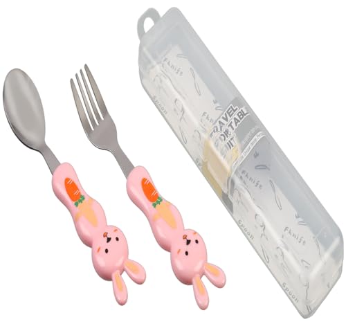 Image of JAXHOMCute Bunny Kids Cutlery Set - Spoon & Fork with Travel Case | Stainless Steel Utensils with Adorable Animal Design - Perfect for Toddlers & Children (Pink)