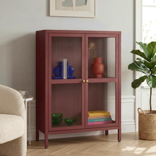 [en.casa] Aparador Säkylä Mueble de Salón con Compartimentos Mueble Auxiliar para Comedor Cocina con 2 Puertas de Vidrio Acanalado y Acero 84 x 64 x 35 cm - Color Burdeos