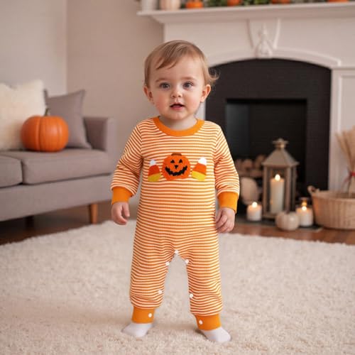 Baby Girl Halloween Jumpsuit Long Sleeve My First Halloween Pumpkin/Ghost Onesie Embroidery Striped Romper Outfits3